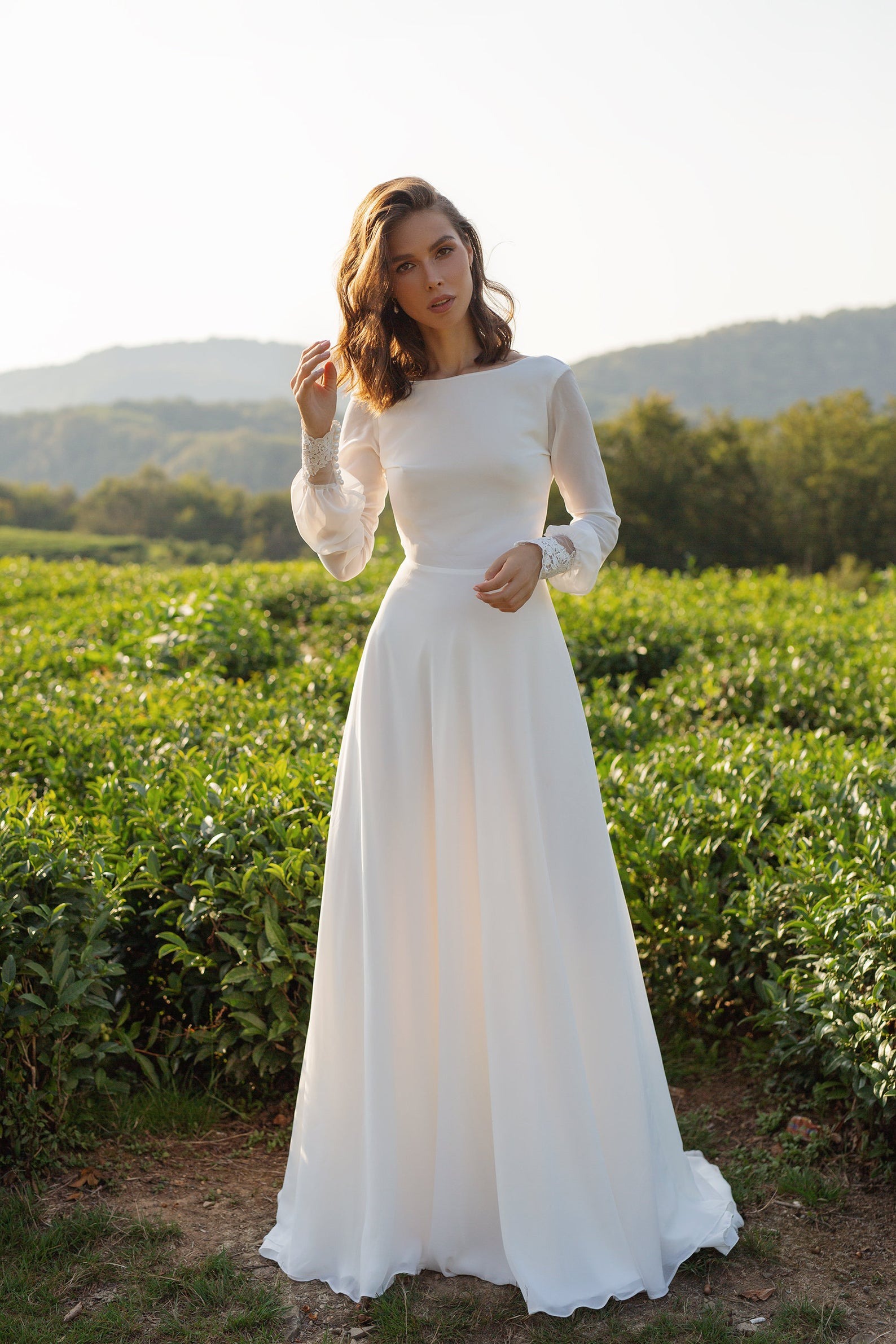 sheer lace sleeved modern online wedding dress from Mila Bridal on Etsy
