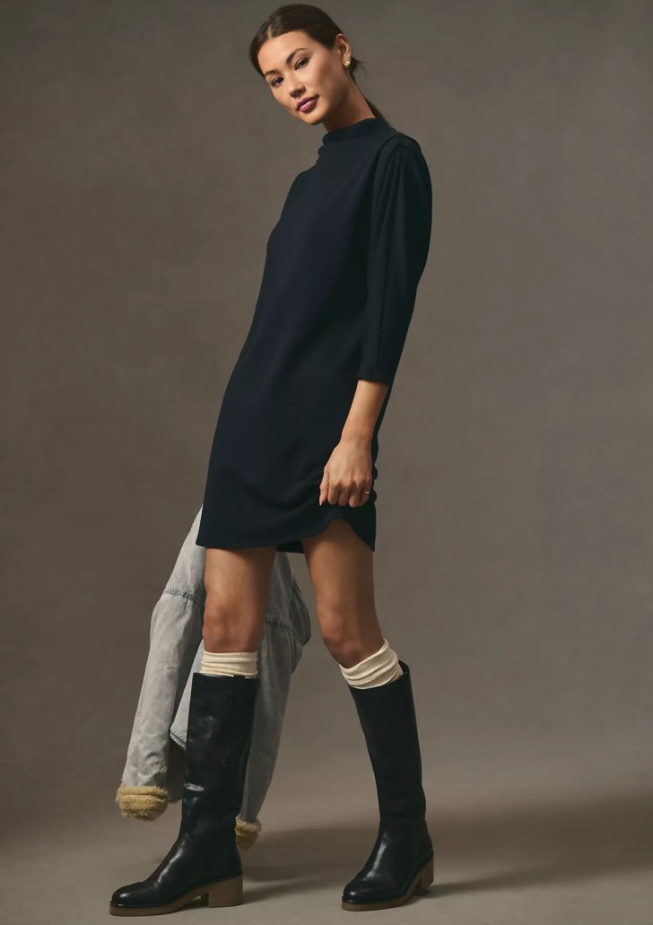 black fleece dress with knee high boots best casual Christmas outfits for holiday party