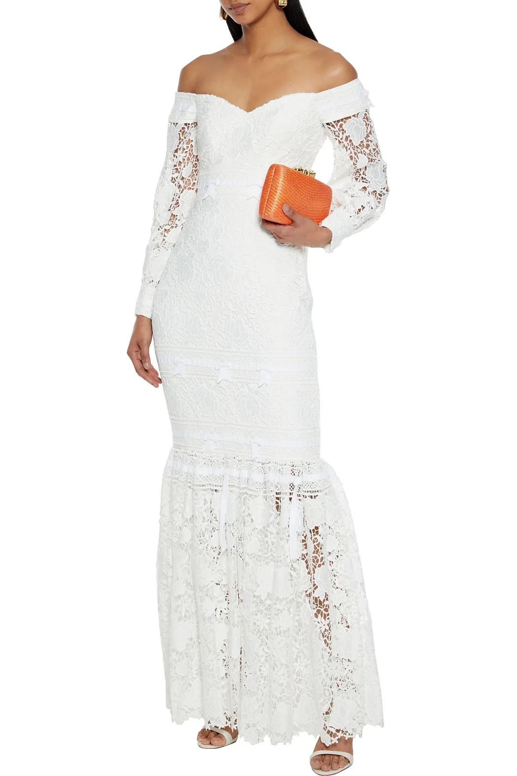 lace off shoulder Badgley Mischka wedding dress