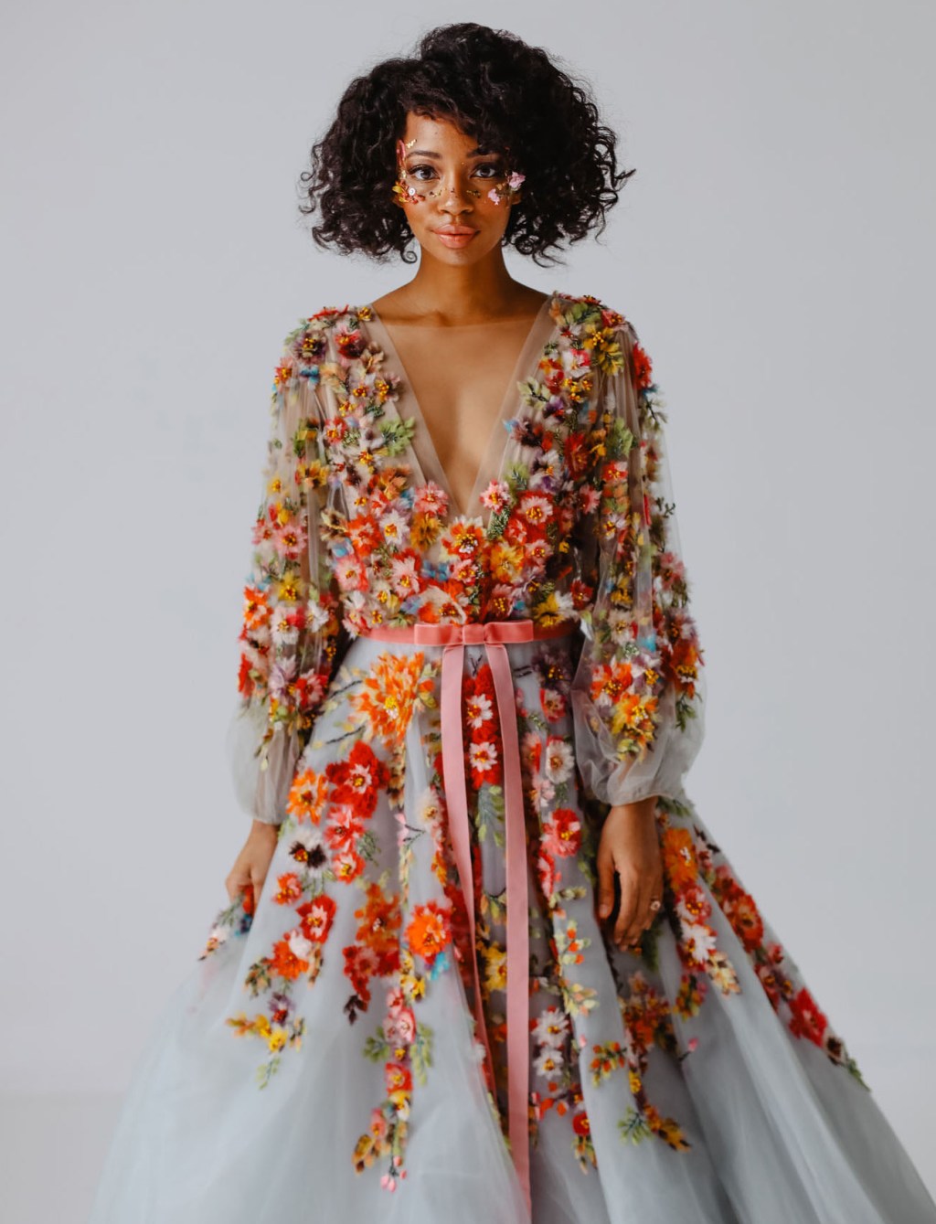 Blue wedding dress with colorful embroidered flowers
