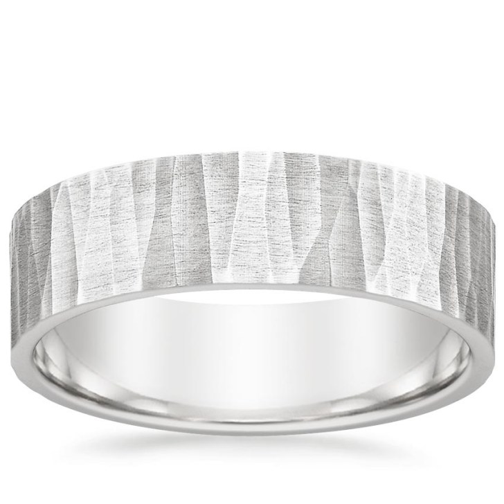 modern 18K white gold hammered mens wedding band