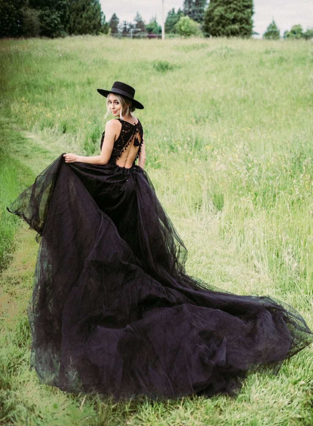 open back lace tulle ball gown black wedding dress