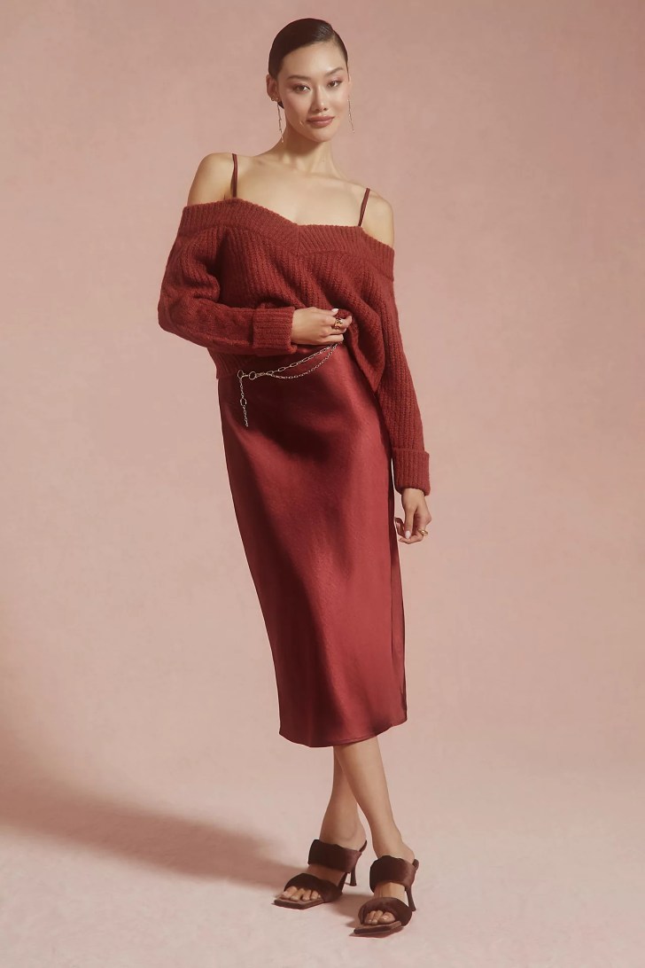 two-piece sweater slip dress best work Christmas party outfits