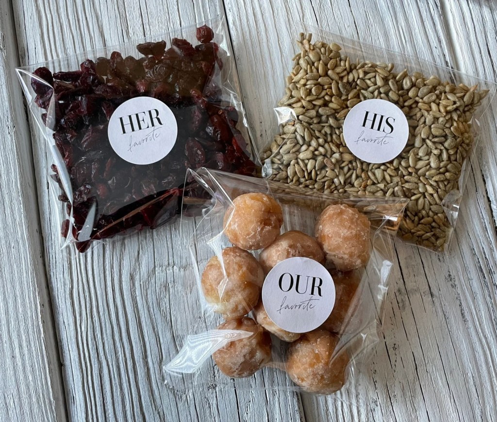 his and her snacks for wedding welcome bag